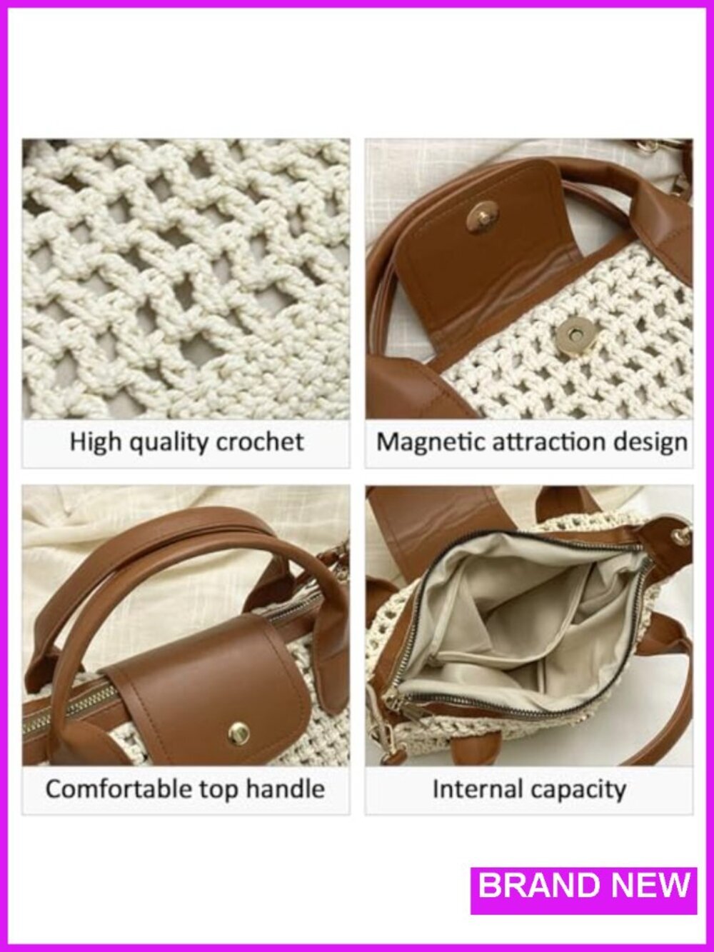 Crochet Tote Bag Small Boho Handbag Leather Trim Crossbody Purse Woven Shoulder - Picture 3 of 6